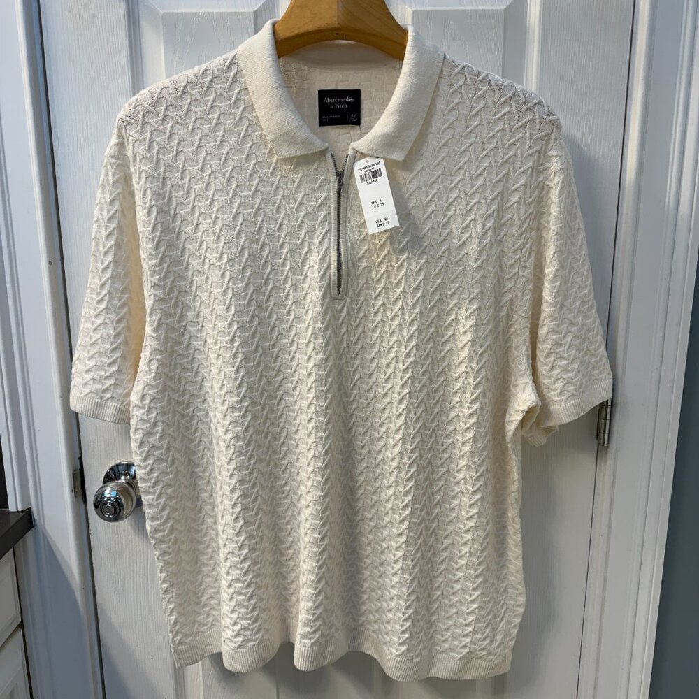 NWT Abercrombie & Fitch Cream Textural Stripe Zip Sweater Polo Size XXL